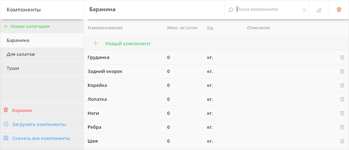 Справочник компонентов (сырья)